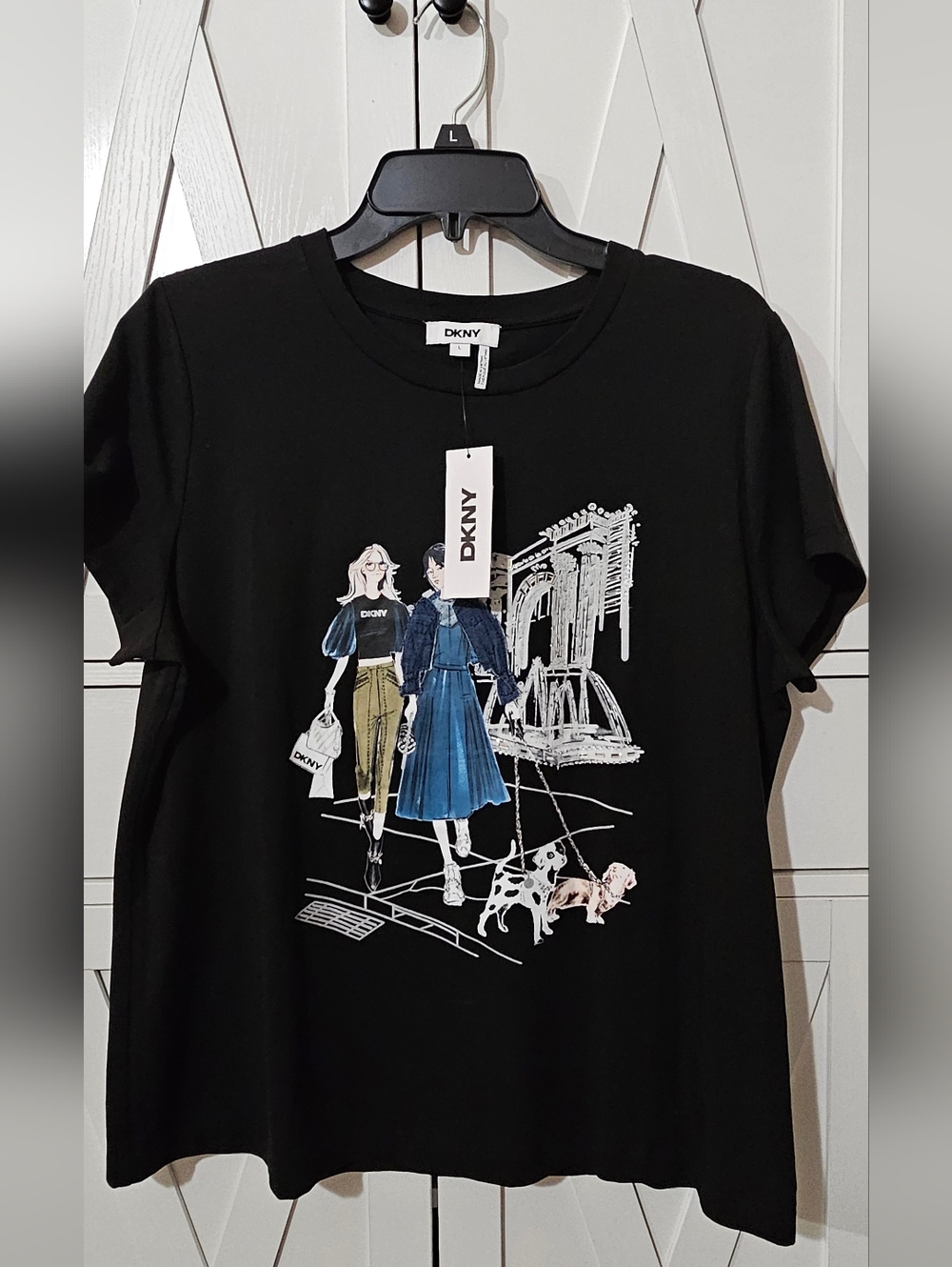 DKNY Black Tee with Fashion Illustration in Blue, Olive, White, Tan